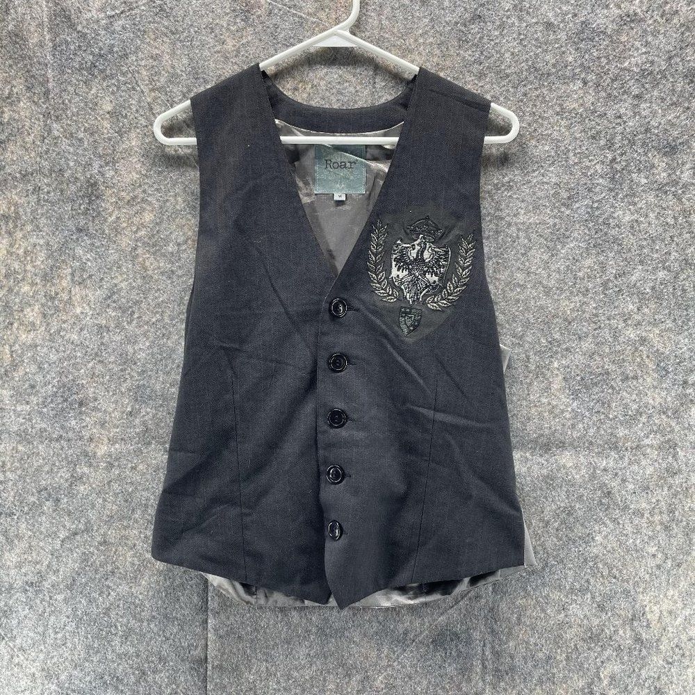 Roar Vest Men Medium Grey Pinstriped Cross Embroidered Sleeveless Steampunk